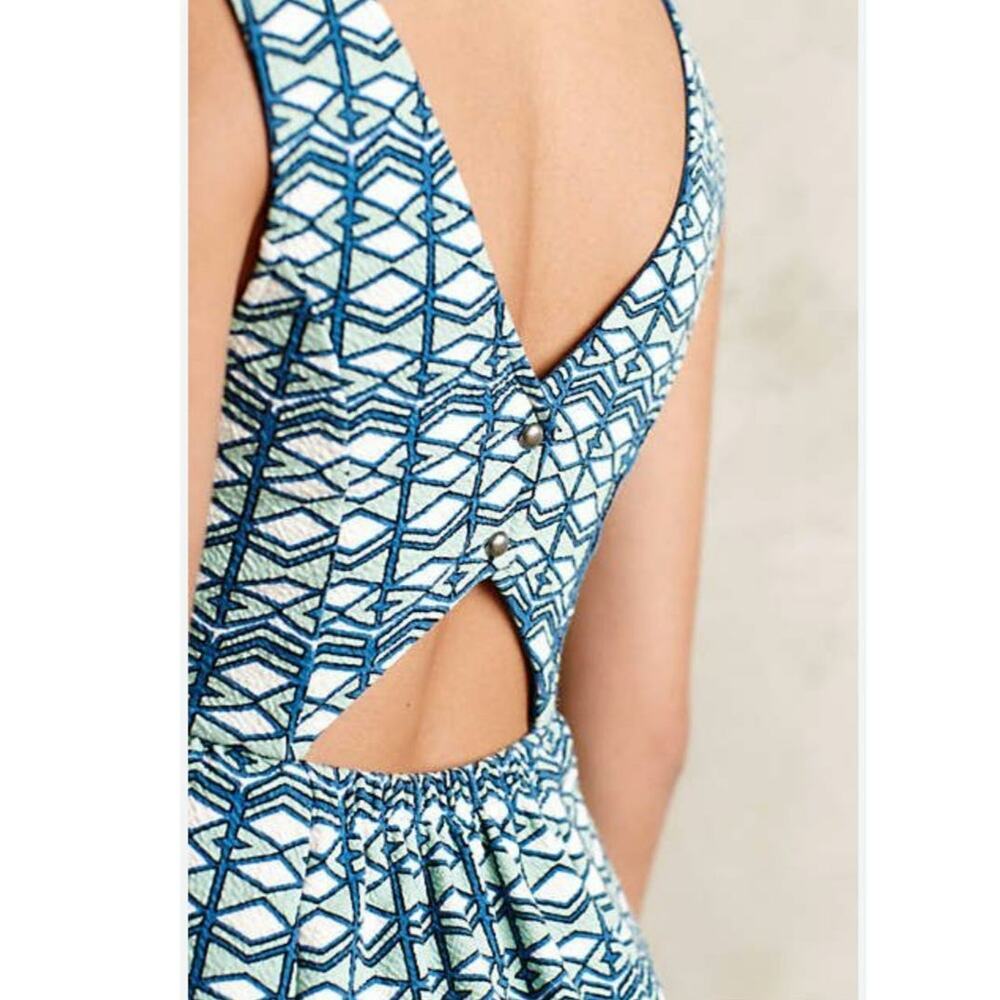 Anthropologie Maeve Green Blue Geometric Fit and Flare Cutout Mini Dress Size 12 - Picture 2 of 8